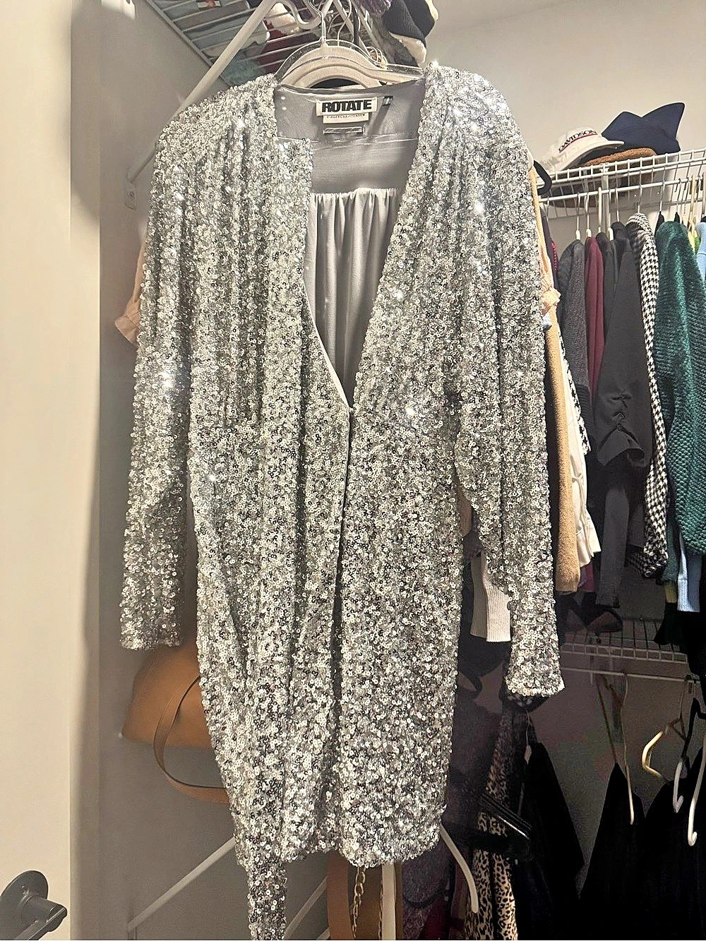 ROTATE Silver Sequin Wrap Midi Dress Like New